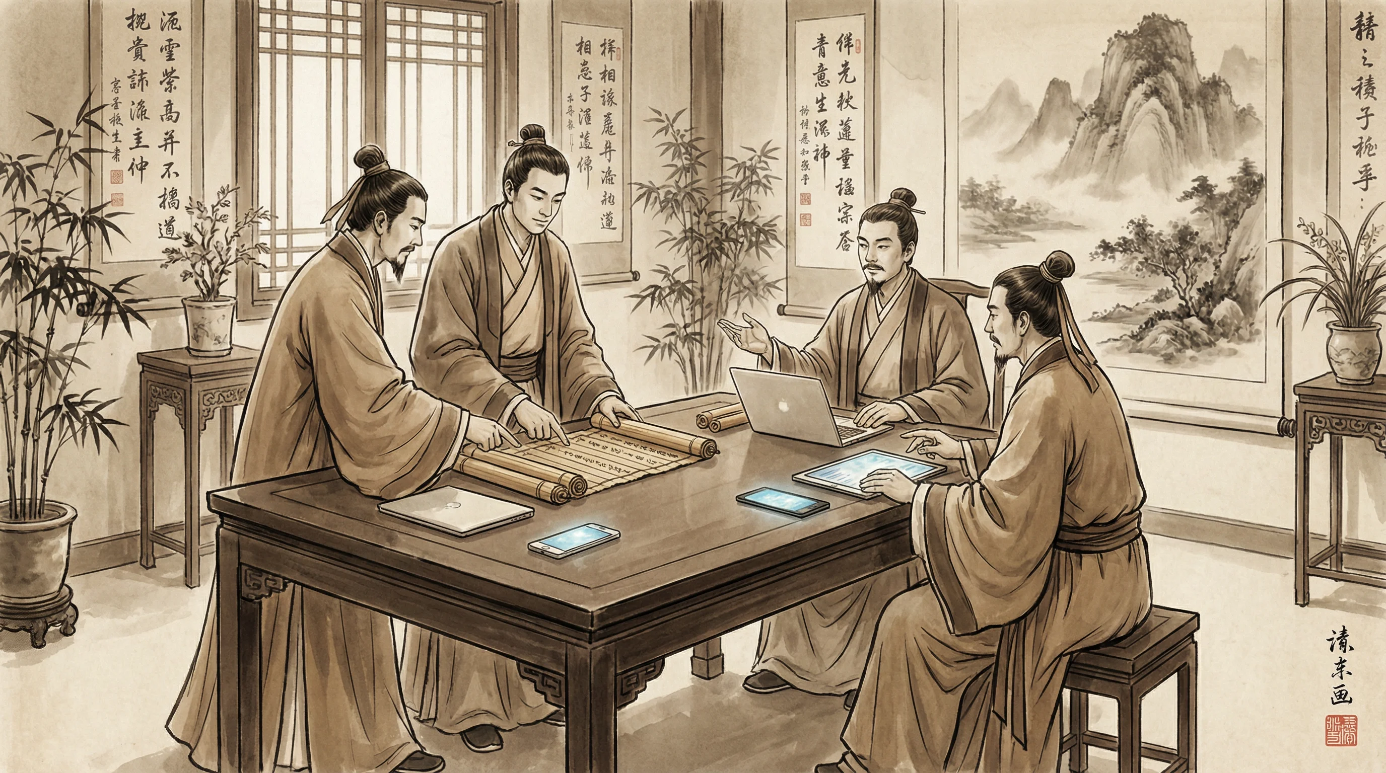 捕鱼达人专业团队水墨风格工作场景